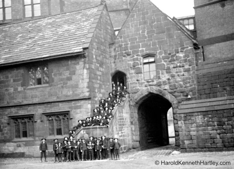 Boys from Chethams school in the courtyard that was shared with MGS